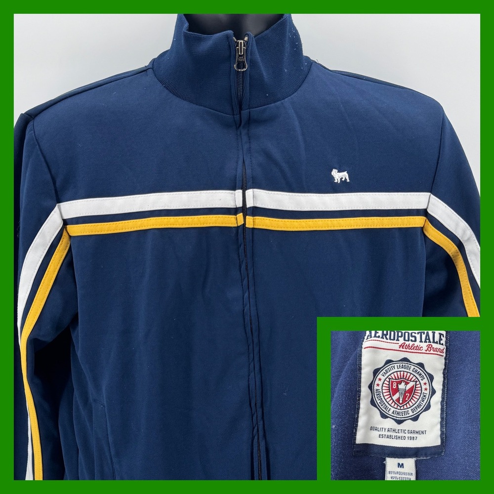 Aeropostale Mens Track Jacket Full‎ Zip Blue White Gold Athletic Striped